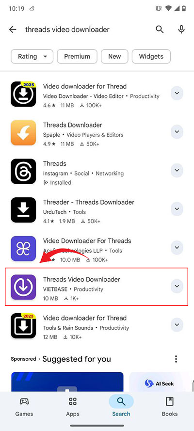 Installing "Threads Video Downloader" app from Google Play Store