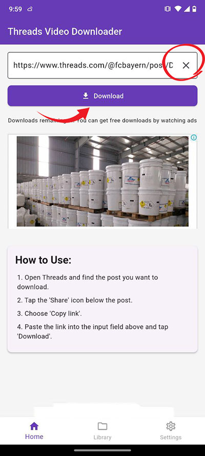 Pasting link in "Threads Video Downloader" app